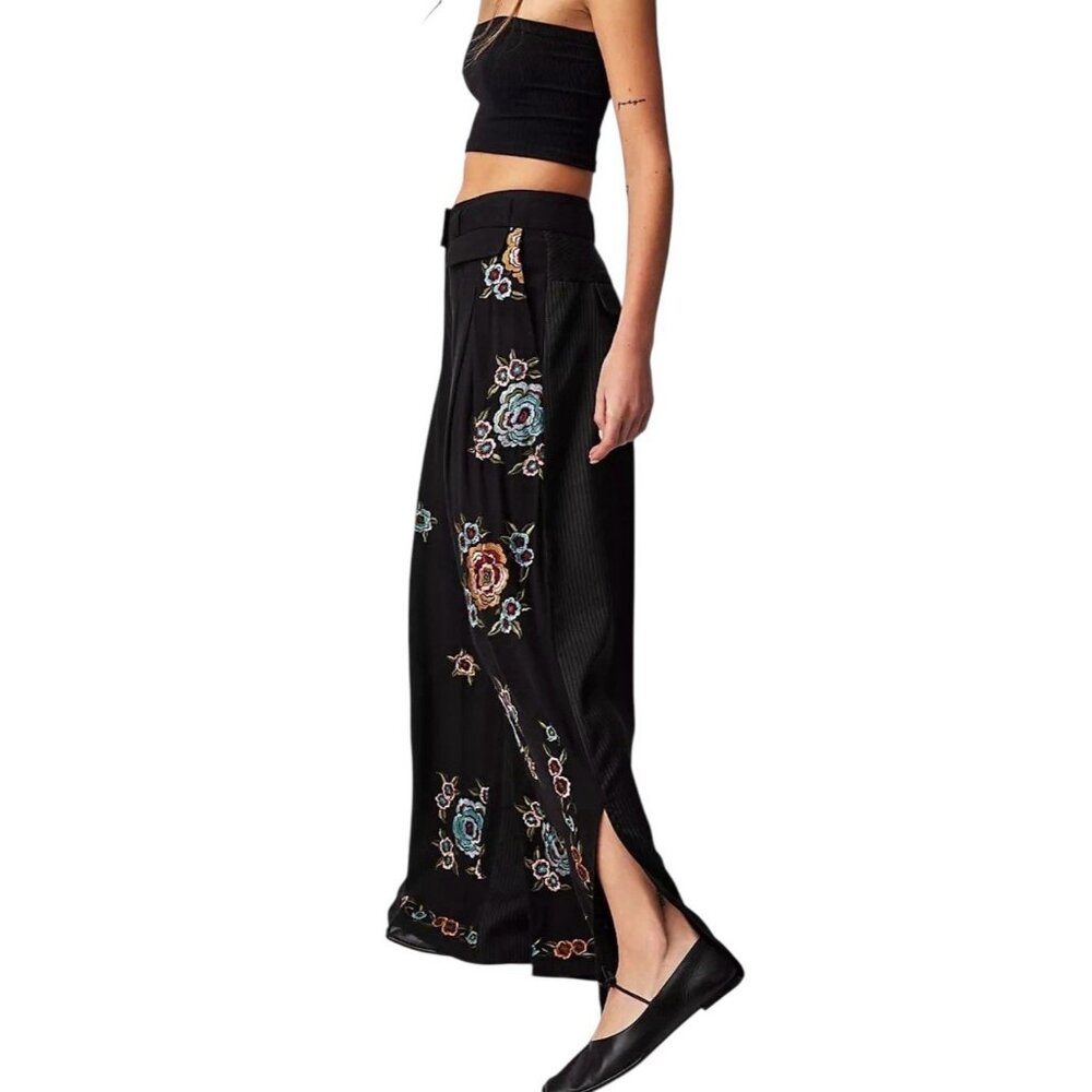Free People Pants Wide leg Florence Embroidered Striped Boho Floral Size 8 - Picture 3 of 16